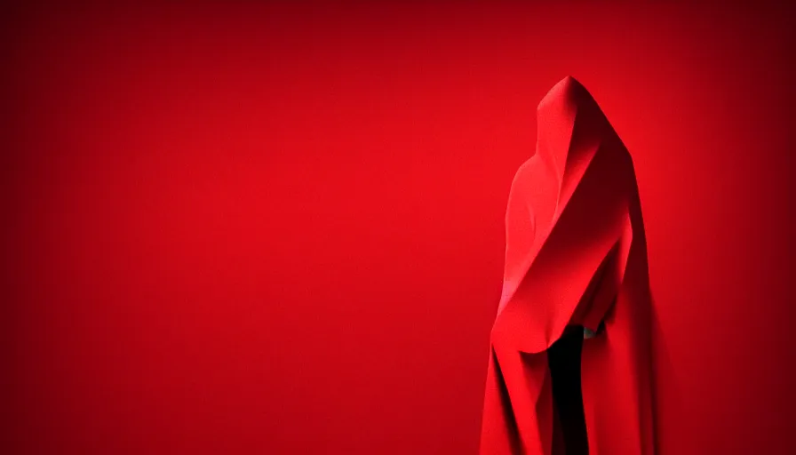 Image similar to enigmatic figure wrapped in red sheet in darkness, high contrast, hard light, digital art, rendering, cloth simulation, redshift