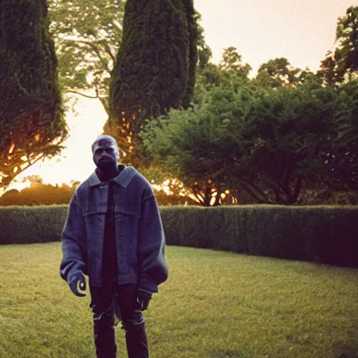 Image similar to Kanye West performing a song in the middle of a garden, vintage camera, dreamy, atmospheric, golden hour, cinematic lighting, 8K concept art