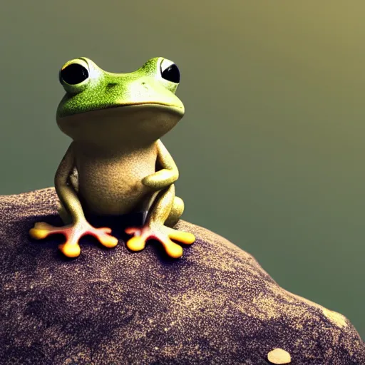 Prompt: a cute little frog sitting on a rock in the middle of a forest lake, isometric minimalist 3d render, unreal engine 5