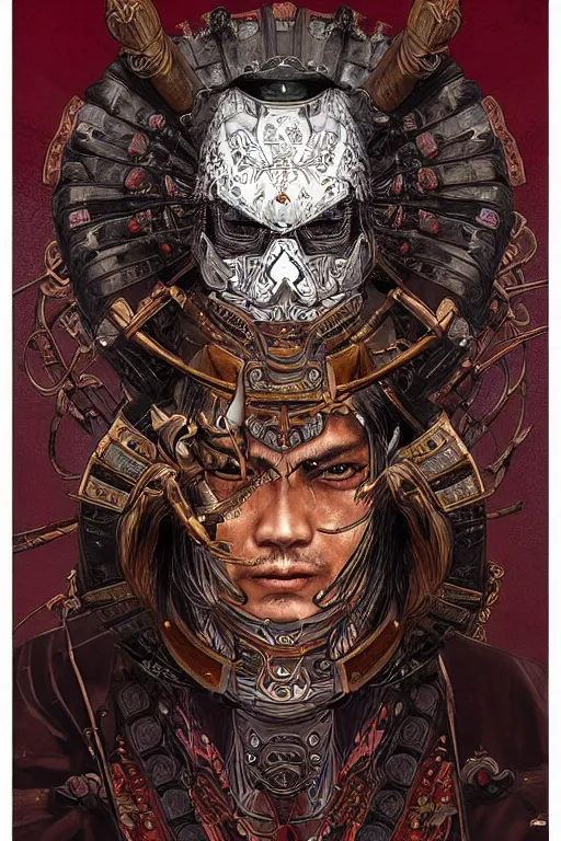 Prompt: digital face portrait painting of a male samurai warrior magus by yoshitaka amano, victo ngai, terese nielsen, samurai armour byamu sol in the style of dark - fantasy, intricate detail, skull motifs, red, bronze, artgerm