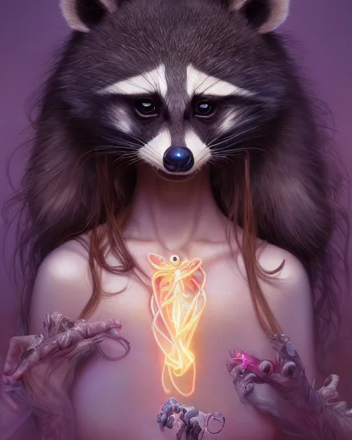 Image similar to portrait of a cute female racoon, bioluminescent, veins, horror, happy, highly detailed, digital painting, cinematic, hyperrealism, dark retrowave, art by stanley lau and artgerm and magali villeneuve and alphonse mucha, artstation, octane render, cgsociety