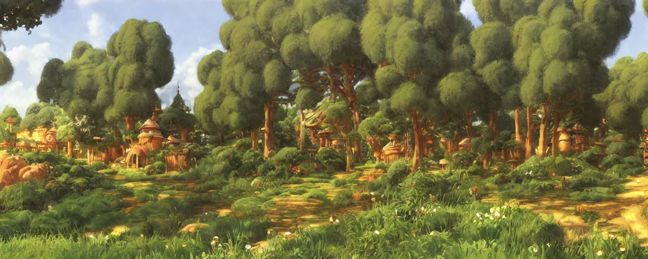 Image similar to ghibli disney illustrated background of a farm by eugene von guerard, ivan shishkin, john singer sargent, 4 k