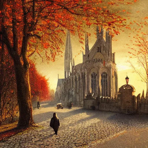 Prompt: 2 hedgehogs walking across the street next to eachother in Bruges, Belgium, in the style of Greg Rutkowski, autumn, evening, romantic