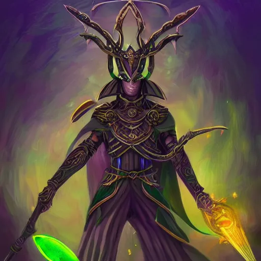 Image similar to illustration of a dark magician wielding an oversized magical staff with green eyes, intricate, elegant, highly detailed, centered, digital painting, artstation, concept art, smooth, sharp focus