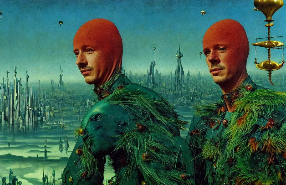 Image similar to realistic detailed portrait movie shot of a birdman wearing green leather coat, sci fi city landscape background by denis villeneuve, amano, yves tanguy, alphonse mucha, ernst haeckel, max ernst, roger dean, masterpiece, rich moody colours, blue eyes