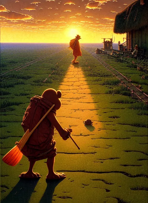 Prompt: pepe the frog walking in summer dawn, norman rockwell, tim hildebrandt, bao phan, bruce pennington, larry elmore, oil on canvas, deep depth field, masterpiece, cinematic composition, hyper - detailed, hd, hdr