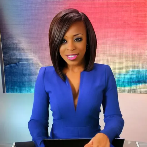 Prompt: a fullbody shot of a beautiful, african - hispanic female news anchor, with a bob cut, ultra hd, high definition, high quality, crisp, sharp, smooth, 8 k resolution