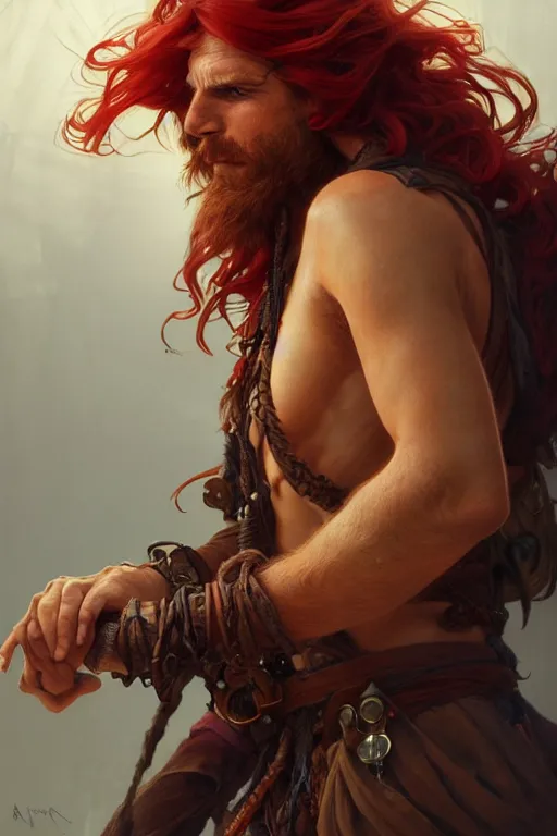 Image similar to portrait of a young ruggedly handsome but joyful pirate, male, masculine, full body, red hair, long hair, fantasy, intricate, elegant, highly detailed, digital painting, artstation, concept art, matte, sharp focus, illustration, art by artgerm and greg rutkowski and alphonse mucha