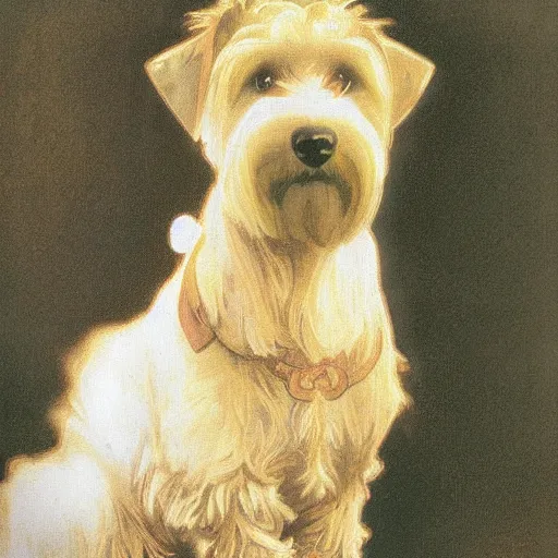 Prompt: wheaten terrier realistic photograph studio lighting Alphonse Mucha