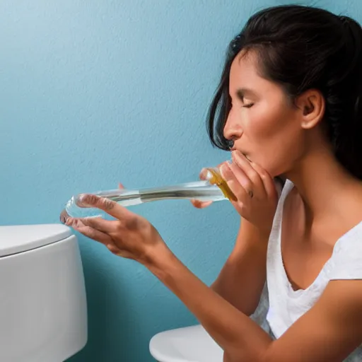 Prompt: photo of a woman drinking water out of a toilet