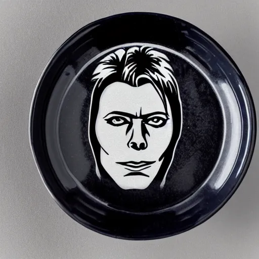 Prompt: close - up bowl with a face of bowie, sticker,