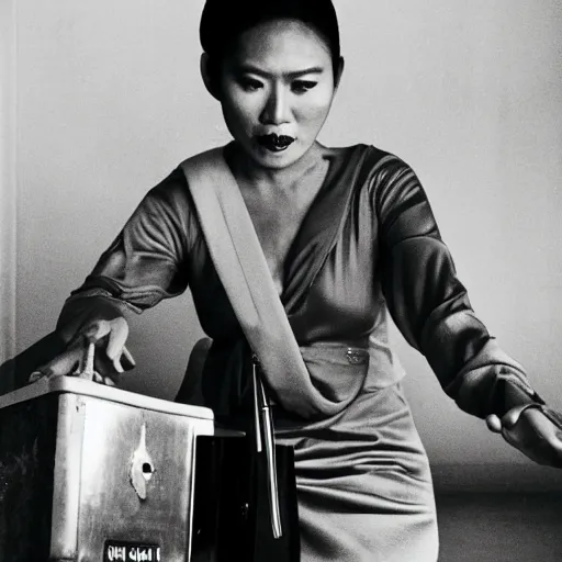 Image similar to A Filipino theremin player, portrait, Taschen, by Peter Lindbergh