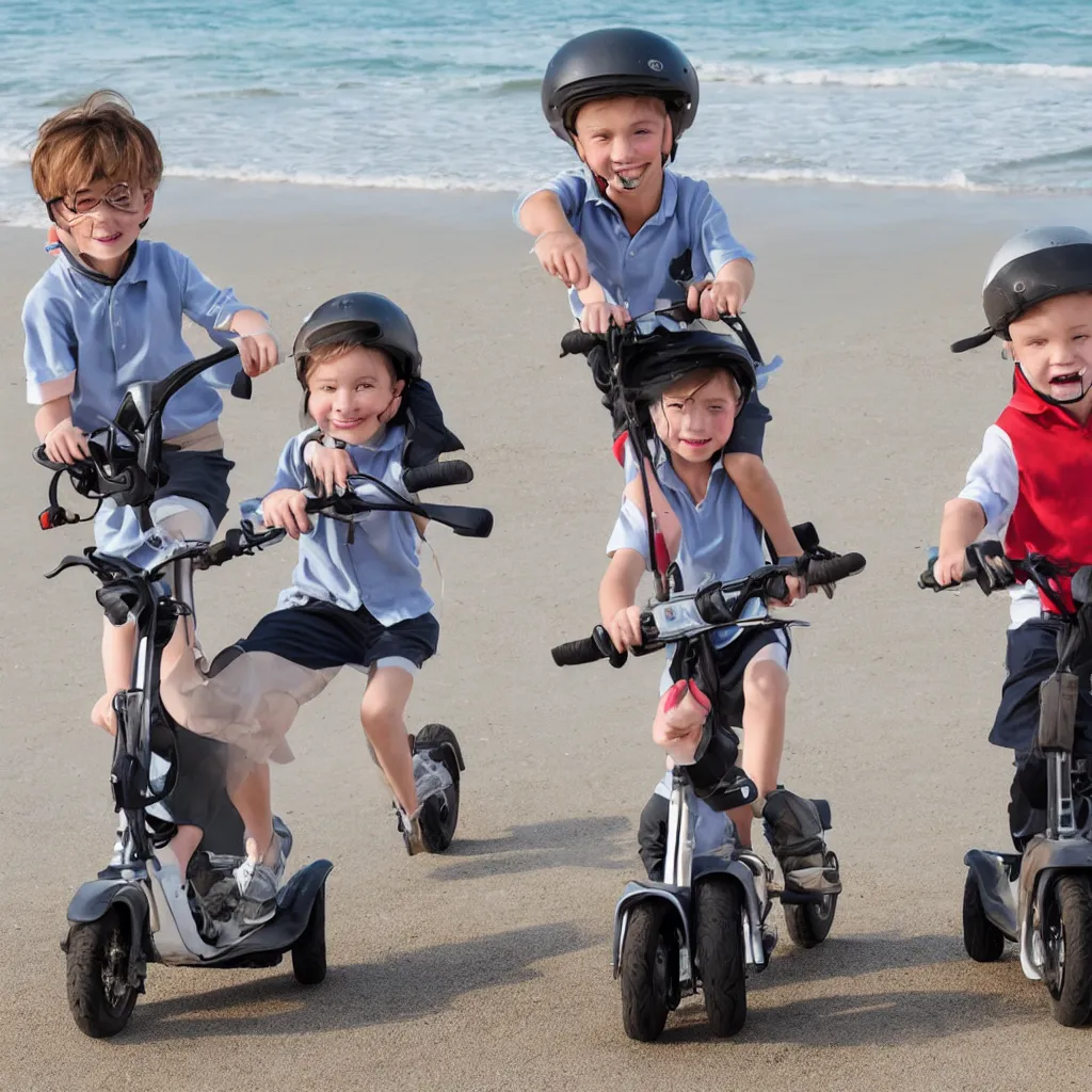 Image similar to very detailed stockphoto of two kids wearing a grey school uniform riding a scooter along the beach