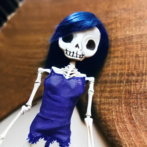 Image similar to lovely realistic ball jointed high end lapis lazuli skeleton doll with fashion and cute accessories, inside gothic doll manor bedroom, god rays, dust particles, photorealistic, aesthetic shot, worms eye view, macro camera lens, high definition, thematic, cinematic, lens flare