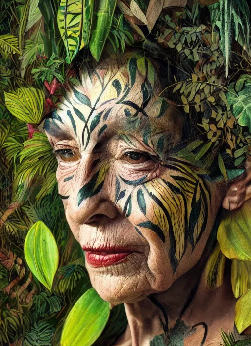 Prompt: a beautiful painted portrait of an old woman in the jungle surrounded by leaves and plants, tribal face paintings, shamanism, matte painting, fantasy art