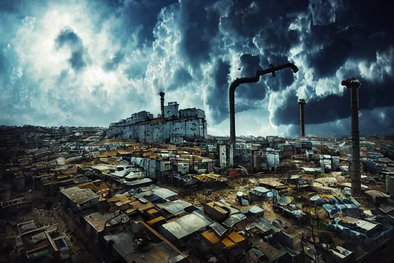 Image similar to cloud favela sculpture, surrealism environment, industrial factory, sunny, milky way, award winning art, epic dreamlike fantasy landscape, ultra realistic,