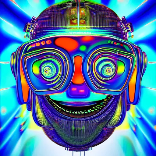 Image similar to hyperdetailed portrait of a futuristic trippy smiling robot head, 8 k, symetrical, flourescent colors, halluzinogenic, multicolored tshirt art, hajime sorayma, black background