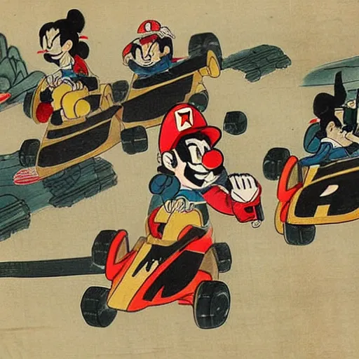 Prompt: ancient Japanese painting of mario kart characters racing, extremely detailed