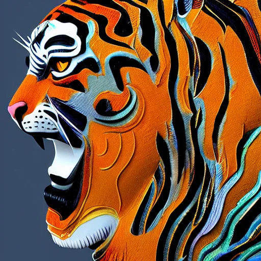 Prompt: coloured balinese sculpture breathtakingly cool beautiful stylised ornate tiger, extreme closeup, isometric perspective, 8 k artstation