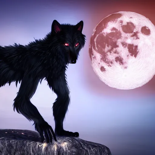 Image similar to male werewolf transformation at night with black realistic fur, under the moon, ultra detail, anime style, 8 k