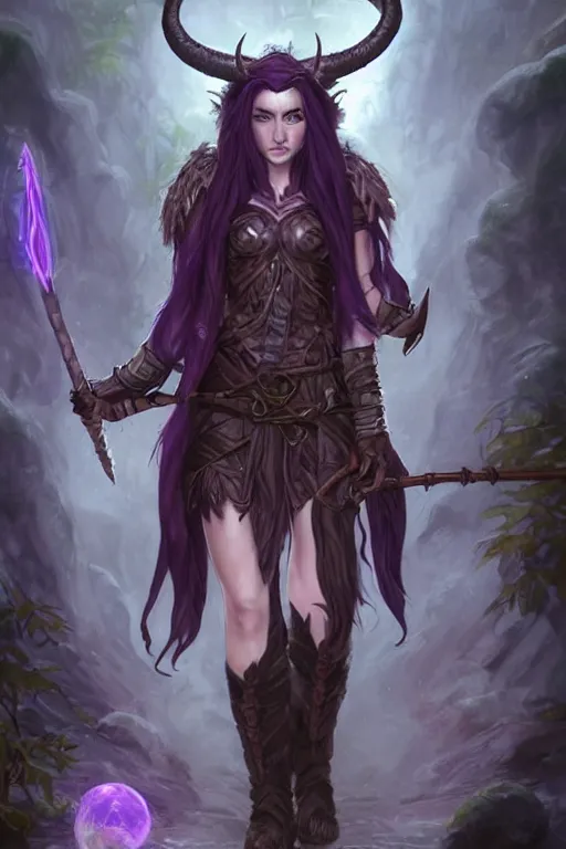 Image similar to Tiefling Druid with horns, light leather armor, nature, tree staff, long horns ,demon tail light-brown skin, dark purple hair, and silver eyes full body, dungeons and dragons portrait, highly detailed, digital painting, artstation, concept art, sharp focus, illustration, art by artgerm and greg rutkowski and alphonse mucha