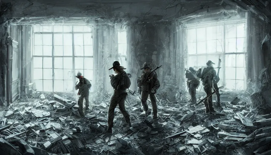 Image similar to lumberjack and soldiers with shotgun and rifles exploring destroyed white house, cloudy day, light through windows, hyperdetailed, artstation, cgsociety, 8 k