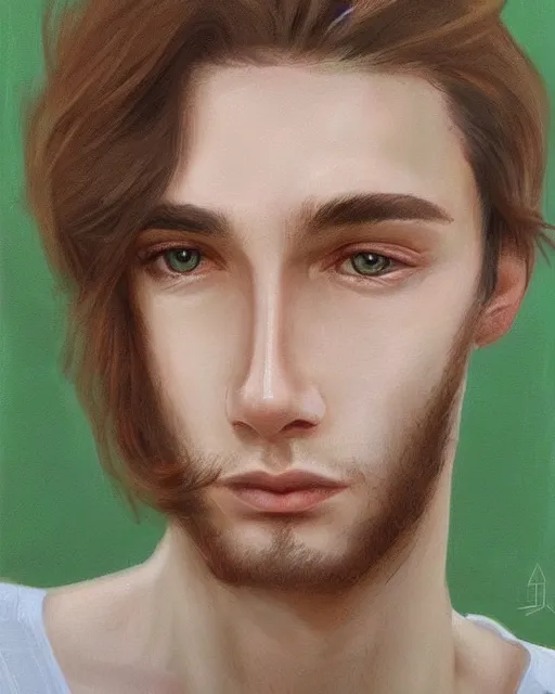 Image similar to face of a masculine young man with thin face lines, have long brown hair and green eyes, very beautiful portrait, low angle, realistic and perfect art, trending on artstation, good lighting