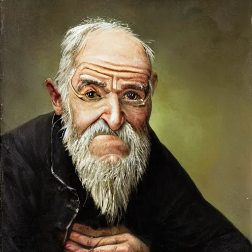 Image similar to a portrait photo of a old man with a pickle nose