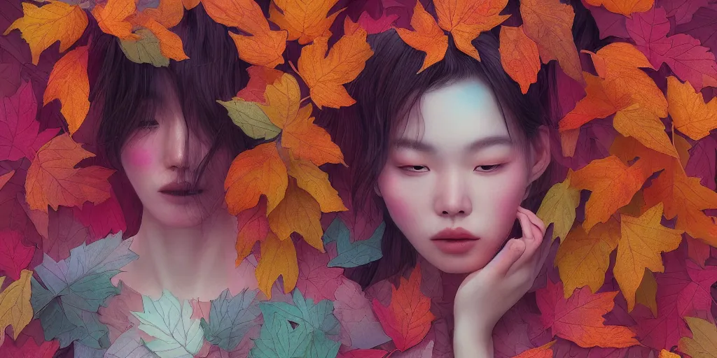 Image similar to breathtaking detailed pattern pastel colors of a woman made of autumn leaves, by hsiao - ron cheng, bizarre compositions, exquisite detail, 8 k