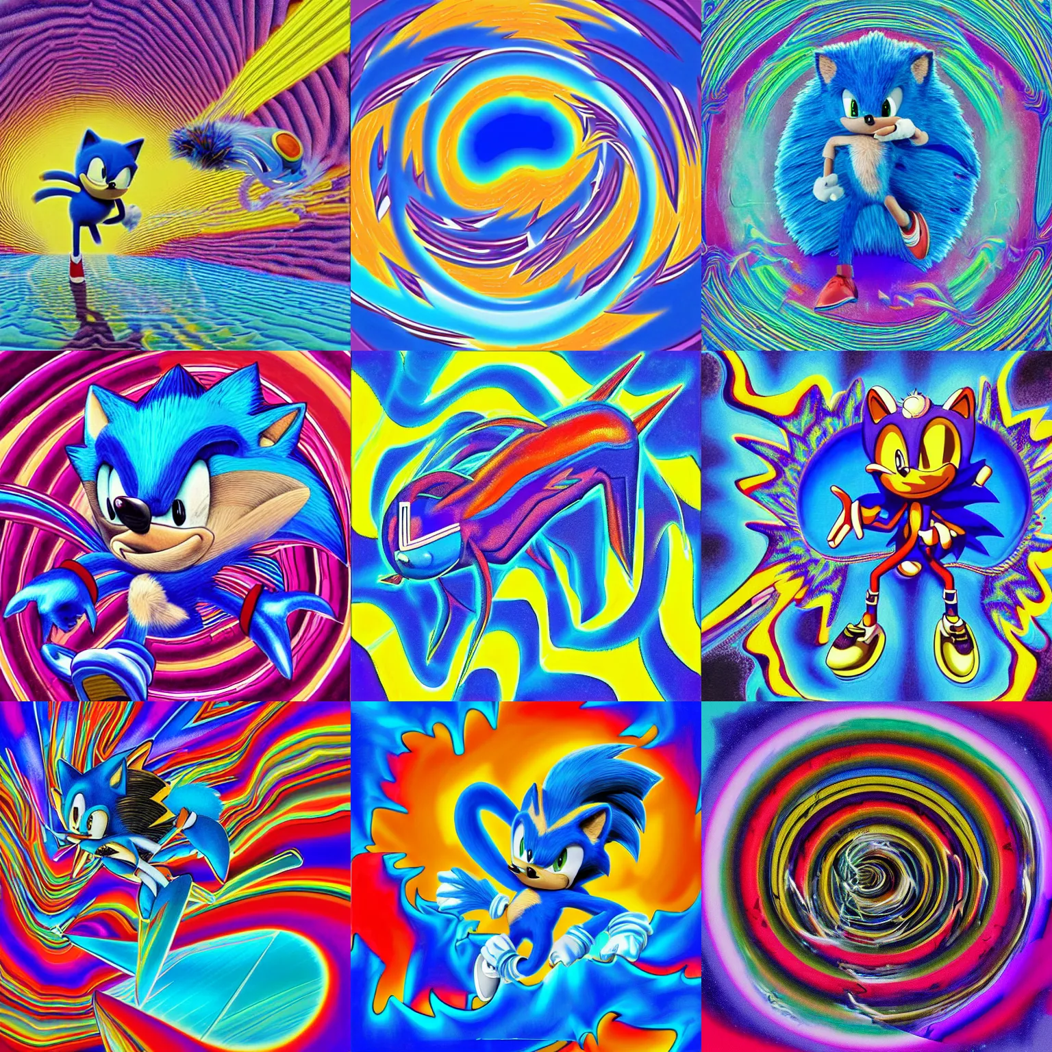 Prompt: recursive portrait of a surreal blue sonic hedgehog, sharp, detailed professional, high quality airbrush art MGMT tame impala album cover of a liquid dissolving LSD DMT sonic the hedgehog surfing through cyberspace, purple checkerboard background, 1990s 1992 Sega Genesis video game album cover, sonic the hedgehog