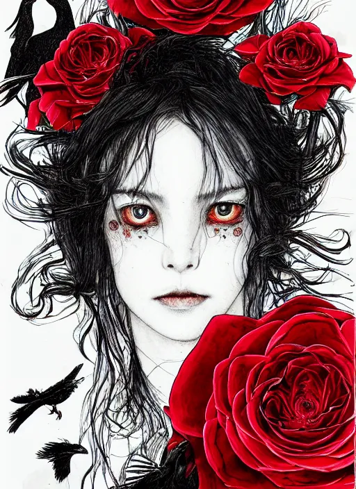 Prompt: portrait, A feather of crow with red eyes in front of the full big moon, book cover, red roses at the top, red white black colors, establishing shot, extremly high detail, foto realistic, cinematic lighting, pen and ink, intricate line drawings, by Yoshitaka Amano, Ruan Jia, Kentaro Miura, Artgerm, post processed, concept art, artstation, matte painting, style by eddie mendoza, raphael lacoste, alex ross