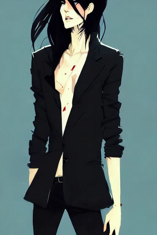 Image similar to a ultradetailed beautiful panting of a stylish woman in a black blazer, by conrad roset, greg rutkowski and makoto shinkai, trending on artstation