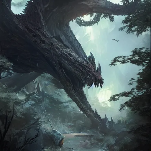 Image similar to black dragons dwell in the wilderness by sung choi, world tree, by greg rutkowski.