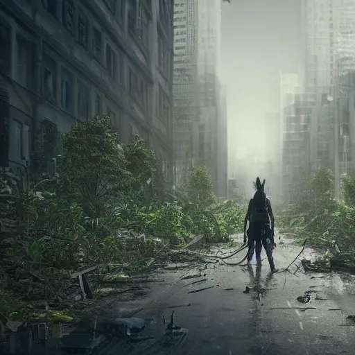 Image similar to an apocalyptic city scene, overgrown foliage, a single person standing in the road back facing the camera, hyper detailed, 4 k octane render