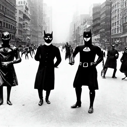 Prompt: old black and white photo, 1 9 1 3, depicting masked superheroes walking through the bustling streets of new york city, historical record