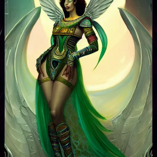 Prompt: beautiful full body sultry egyptian priestess wearing white dove wings, warframe armor, regal, attractive, ornate, sultry, pretty face, green eyes is represented by peter mohrbacher, art nouveau, landscape, cinematic