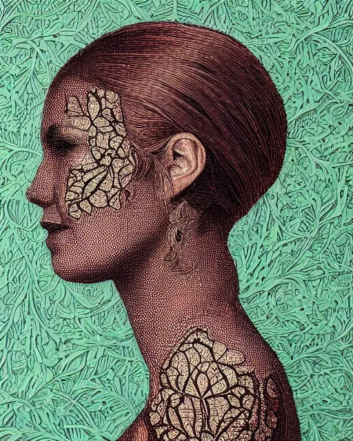 Image similar to a woman's face in profile, made of intricate decorative lace leaves, in the style of casey weldon