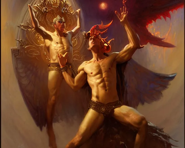 Image similar to attractive male deity, casting demonic magic, summoning handsome lucifer morning star. highly detailed painting by gaston bussiere, craig mullins, j. c. leyendecker 8 k