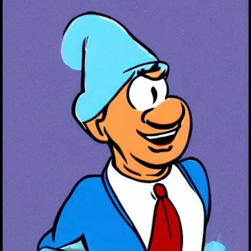 Image similar to Sajid Javid as a smurf with a white hat, 1980s cartoon, flat shading, 2D, by Peyo