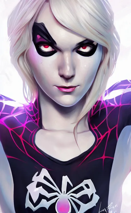 Image similar to Spider-Gwen, highly detailed, digital painting, artstation, facing camera, concept art, smooth, sharp focus, illustration, art by artgerm and alphonse mucha, high definition digital art, dramatic lighting, in the style of ilya kuvshinov and Ross tran