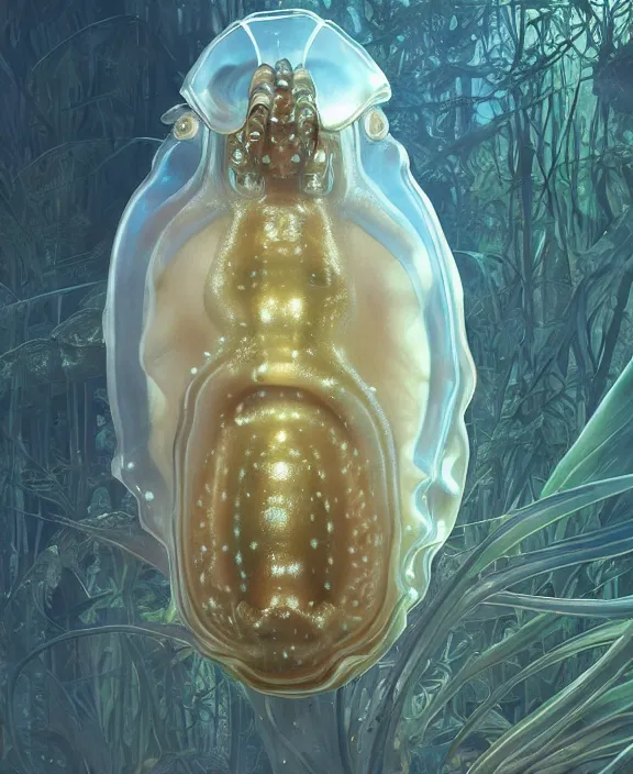 Image similar to opulent transparent clear see - through portrait of a terrifying beautiful male human isopod sea slug, mottled coloring, adorable, childlike, overgrown biopunk jungle environment, ultra realistic, concept art, art nouveau, photorealistic, octane render, 8 k, unreal engine. art by christopher marley and artgerm and greg rutkowski and alphonse mucha