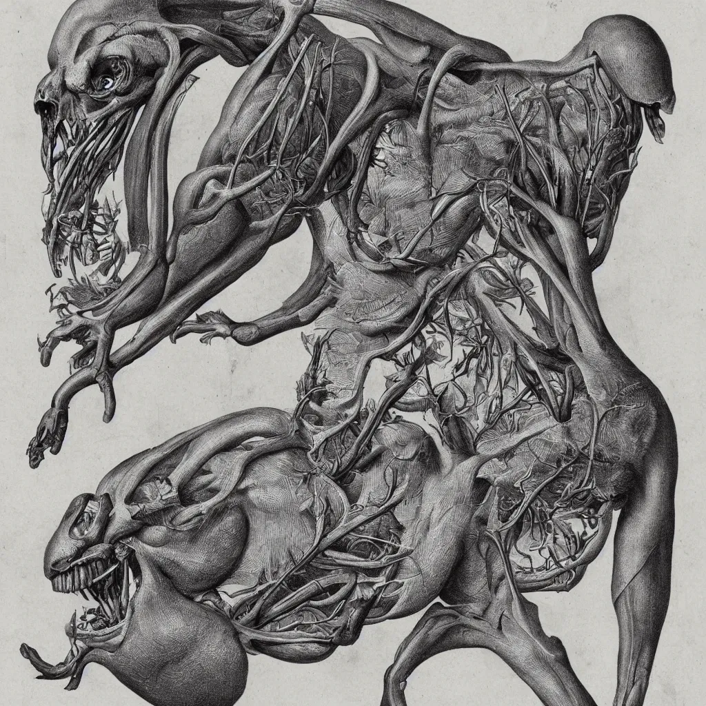 Image similar to anatomical engraving of an unknown specie, anatomical study of animal hybrids from another universe