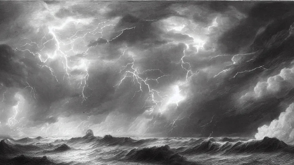 Prompt: drawing of an ornithopter flying through a lightning storm above a stormy ocean, by gustave dore, nineteenth century, black and white, vintage, science fiction, epic composition, dramatic lighting, highly detailed, cinematic