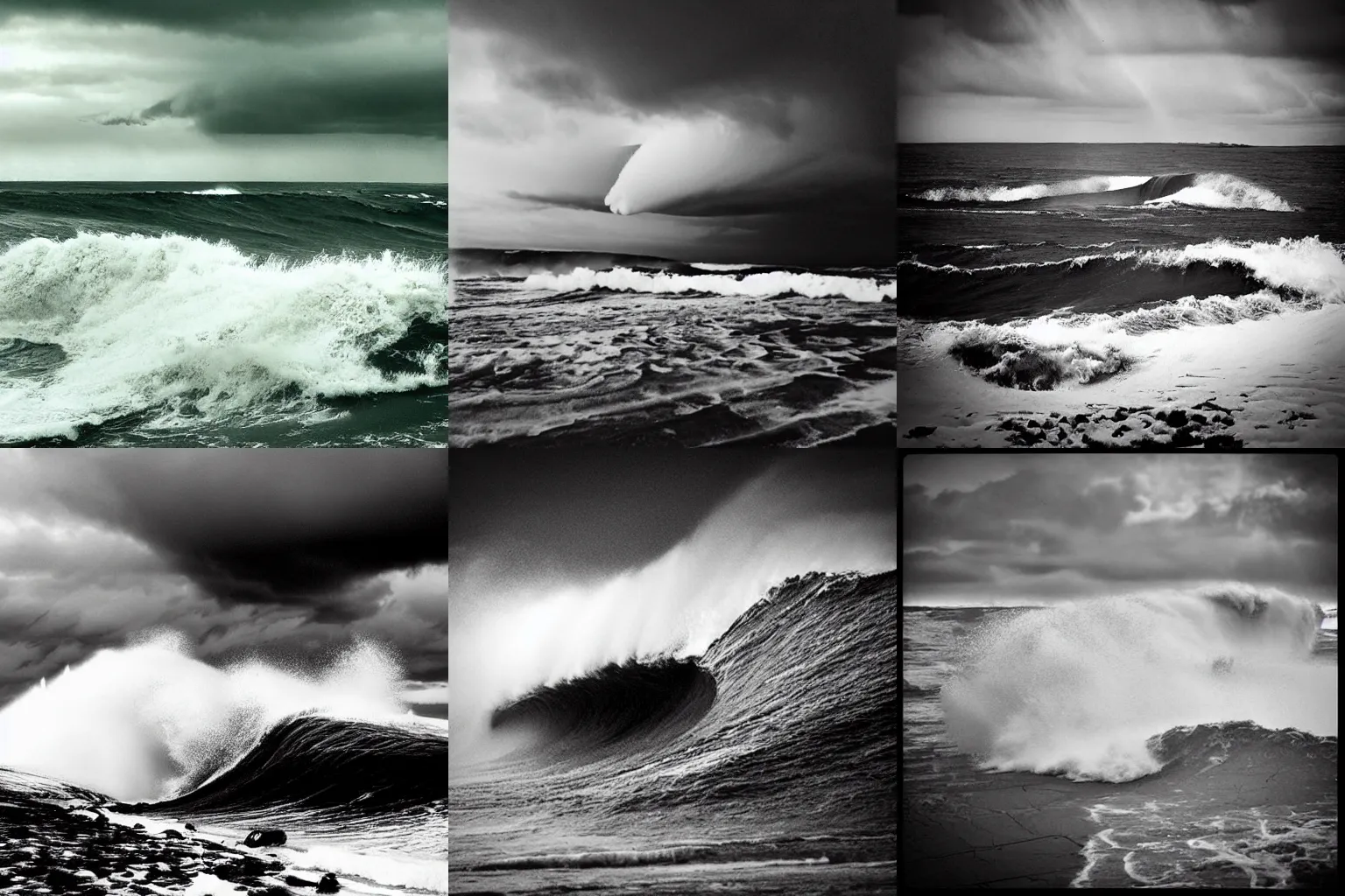 Prompt: “sinking bunkers in the Atlantic coast during a winter storm , Big waves , dramatic Sky , godrays”