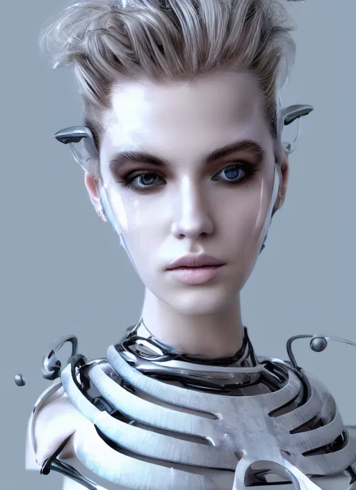 Image similar to white cyborg fashion shot, cyber copper wires and spirals hairdo, baroque design, headshot half figure, photorealistic, unreal engine, trending on artstation,