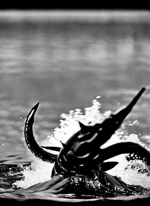 Image similar to a real life gyarados swimmin in a lake, proof photograph, black and white, blurry, hidden camera