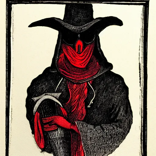 Image similar to etching of a plague doctor, black and red