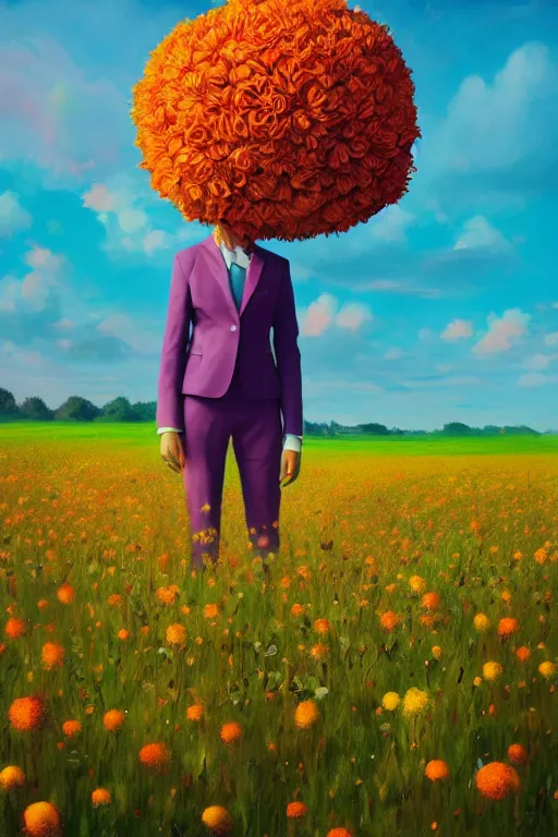 Image similar to closeup, giant flower head, girl in suit standing in a field of flowers, surreal photography, sunrise, blue sky, dramatic light, impressionist painting, digital painting, artstation, simon stalenhag