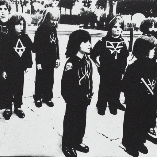 Prompt: Satanic States of America, alternate history, 1980s, boy scouts, goth boy scouts, Satanic boy scouts, black clothing, occult ritual, 1987, 16mm photograph