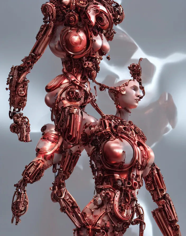 Image similar to portrait, antique marble statue venus, super hero pose, red biomechanical dress, inflateble shapes, wearing epic bionic cyborg implants, masterpiece, intricate, biopunk futuristic wardrobe, highly detailed, art by akira, mike mignola, artstation, concept art, background galaxy, cyberpunk, octane render